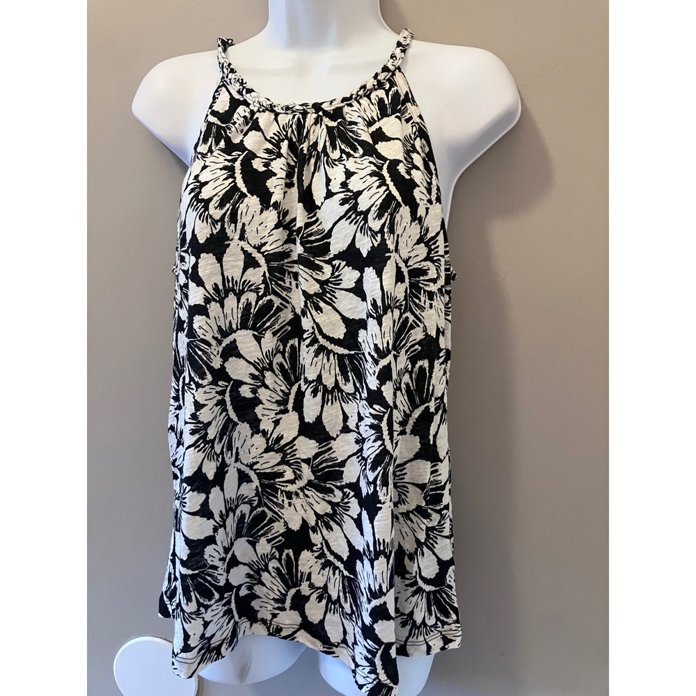 C&C California Floral Halter Neck Tank Top Black White Linen Blend Medium NWT